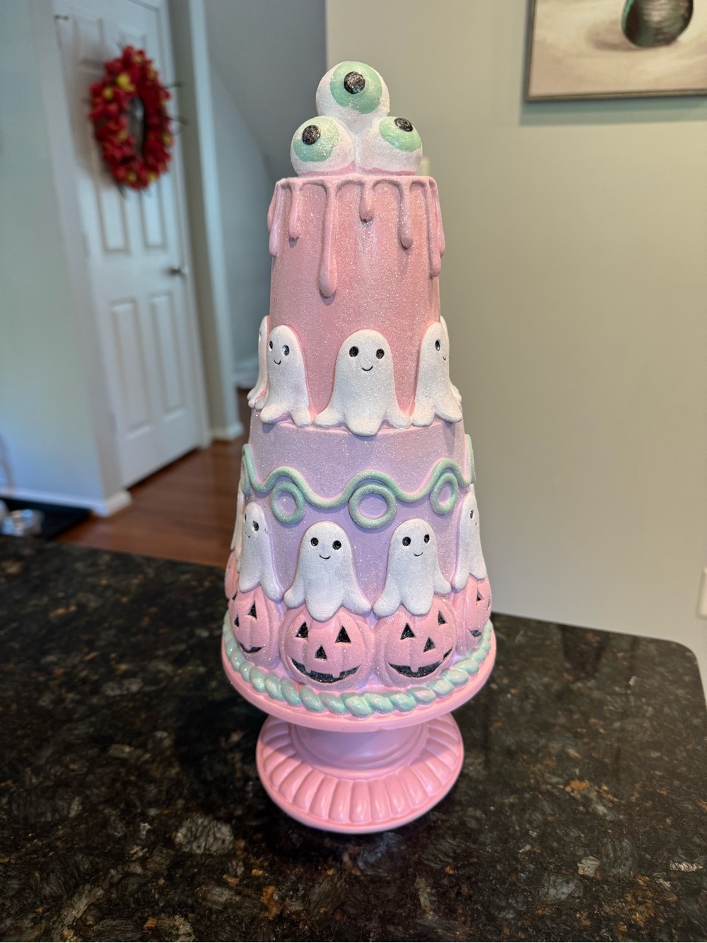 Halloween Ghost Pumpkin Eyeball Stacked Cake Figurine Pink Purple 15 in